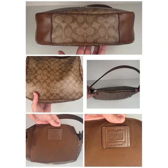 Coach Signature Khaki Canvas Tan Leather Shoulder Zip Hobo Monogram Purse F29209 - Picture 6 of 8